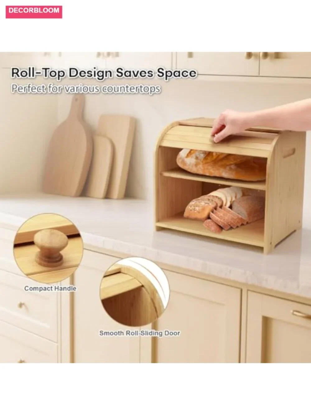 Two Layer Roll Top Bamboo Bread Box for Kitchen Countertop Storage